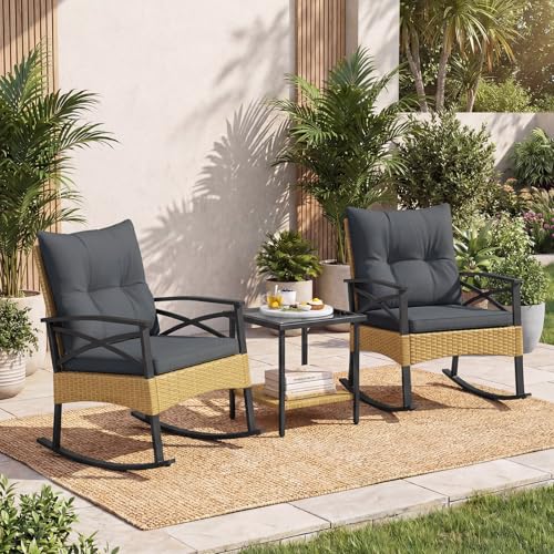 Image of Tangkula 3 Pieces Wicker Outdoor Rocking Chairs Set | Heavy Duty | Cushioned | Rattan Rocker Bistro Set w / 2-Tier Tempered Glass Coffee Table for Garden, Balcony, Backyard