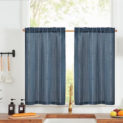 Vangao Cortinas de rayas con aspecto de lino, modernas, para cocina, azul, estilo bistró, juego de 2 unidades, 65 cm de ancho x 60 cm de alto, cortinas cortas con barra de cortina, transparentes a la