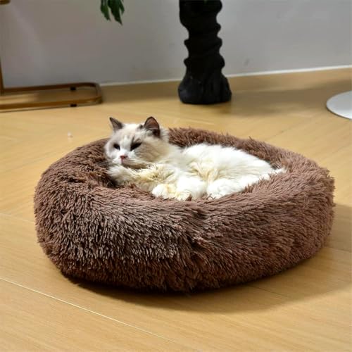 Image of RvPaws Calming Dog & Cat Bed for Small Dogs, Anti-Anxiety Donut Cuddler Cozy Soft Round, Fluffy Faux Fur Plush Cushion Beds for Medium Dogs - (Brown Color, 20 Inch, Small Size)