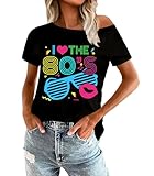 OCURHU 80s Shirts for Women I Love The 80's Retro Off Shoulder Top Neon Graphic Short Sleeve Tshirt Black M