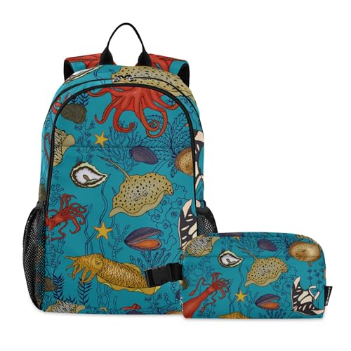Sea Animals Backpack with Lunch Bag, School Backpack for Teens Boys Girls Kids Backpacks Set