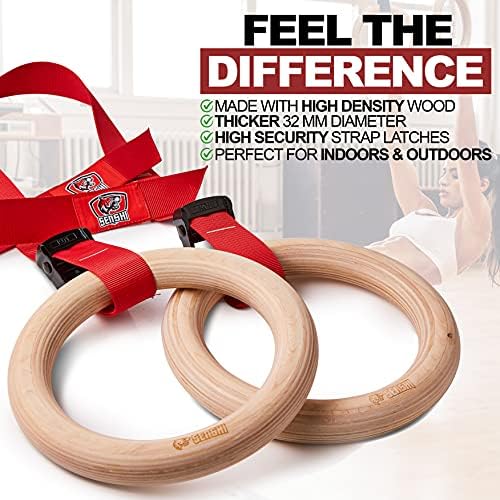   * Wooden Gymnastics Rings With XXL Straps, Olympic Suspension Trainer For Calisthenics, Pull Ups, Dips, Thick 32mm Hoops With Door Anchor, Grip Tape & Carry Bag