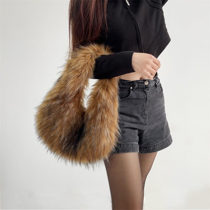 Image of Faux Fur Hobo Shoulder Bag for Women - Large Cute Fluffy Tote Plush Handbag Y2K Furry Purse