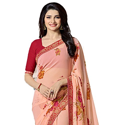 Image of RAJESHWAR FASHION WITH RF Women's Floral Printed Georgette Sarees For Women With Jacquard Work Lace Border & Blouse(Pink Red Free Size 6.30 Mtr)