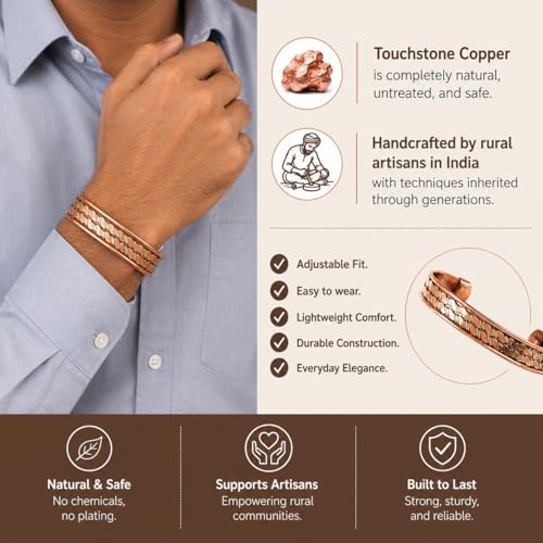 Image of Touchstone copper bracelets | gift for men women |adjustable 100% pure solid real magnetic jewelry | handmade bracelet set combo | rope braided tibetan bangles.