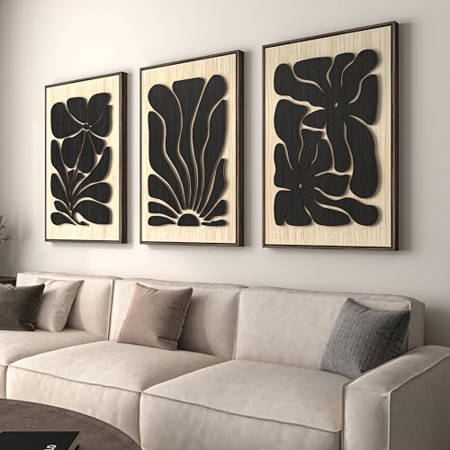 Framed Textured Wood 3D Wall Art for Living Room, Large Boho Floral Black and Beige Artwork for Walls, 3 Piece Abstract Bohemian Flower Wood 3D Art for Office Bedroom Hallway Wall decor, 24x36 Inch