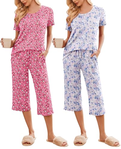Image of Ekouaer 2 Pack: Women's Pajamas Set Short Sleeve Sleepwear Capri Pants Pjs Soft Loungewear with Pockets