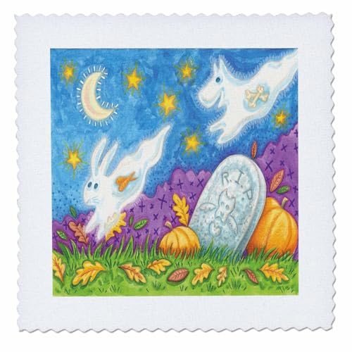 18x18 inch Quilt Square - Cute Halloween Grave with Jumping Bunny and Dog Ghosts Illustration Halloween