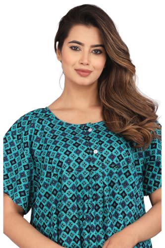 Image of Kuruti B Sheets Cotton Nighty for Women Jaipuri Print 2 Button Round Neck Short Sleeve Night Gown | Maxi Dress