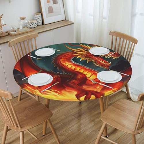 Nappe de table ronde élastique imperméable dragon feu 101,6-127 cm