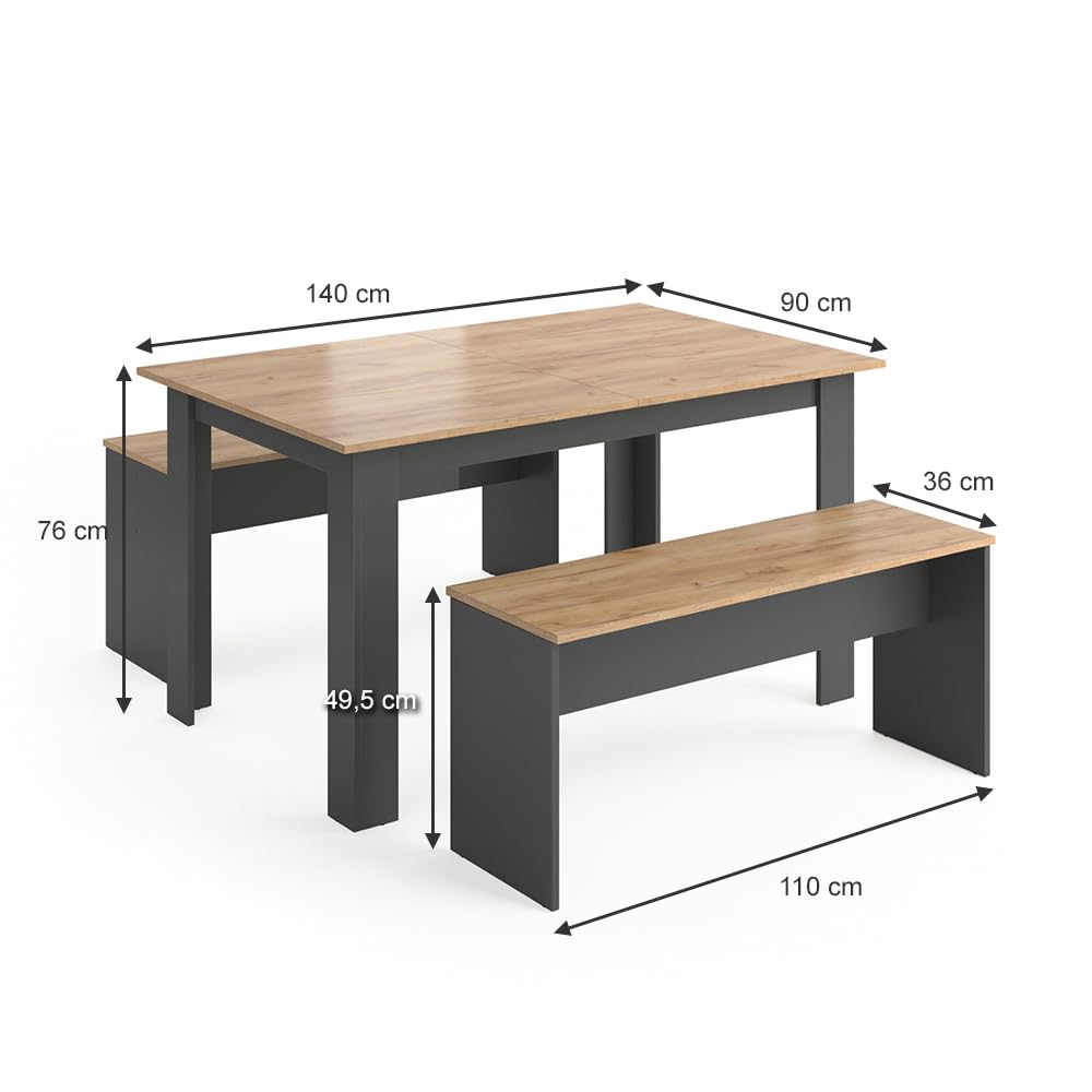 Set Tavolo Da Pranzo Sentio Con 2 Panche - 90x140cm, Antracite/Quercia Dorata | Per Cucina E Sala - Foto 9