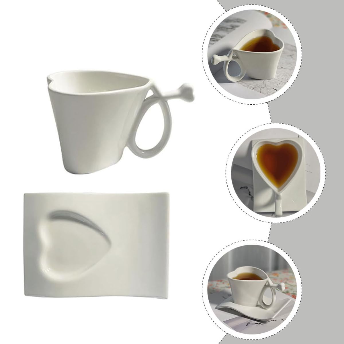 MAGICLULU Kaffeetassen Satz aus Weißem Porzellan mit Herzform und Praktischem Unterteller für Zuhause und Restaurant Ergonomisches Design und Verarbeitung