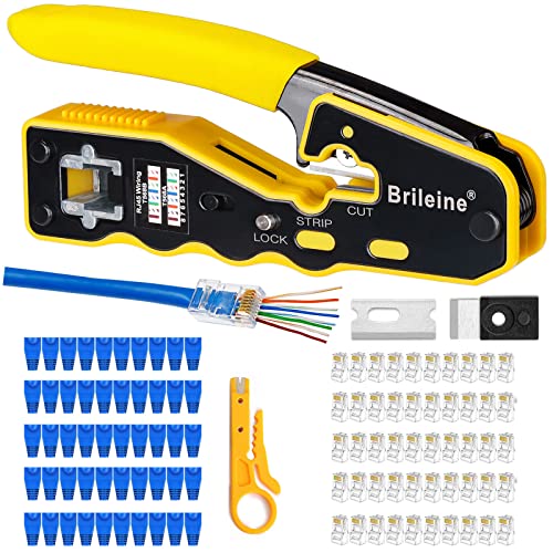 Brileine RJ45 Crimpwerkzeug Durchgang RJ45 Crimper All-in-One Ethernet Crimper Kit mit 50 Stück Cat5e Cat6 RJ45 Durchgangssteckern, 50 Stück Abdeckungen, Mini-Abisolierzange Cover