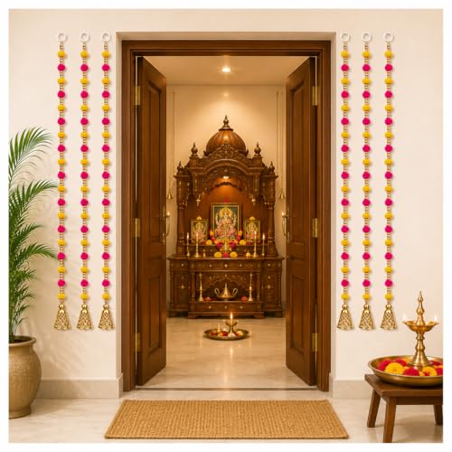 Image of Bindian Pom Pom Beads & Golden Bell Toran for Main Door, Pack of 5 Home Decor Wall Hanging Decoration, Door Hanging Decorative Items, Pooja Room Decor, Festival Decoration
