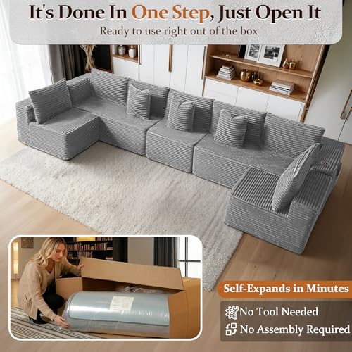 Image of 168 inch Cloud Sectional Couch, Comfort U Shaped Sofa for Living Room, Extra Deep Seats No Assembly, Minimalist Modular Couch, Corduroy (Light Grey, 7 Seats,U-Shape B)