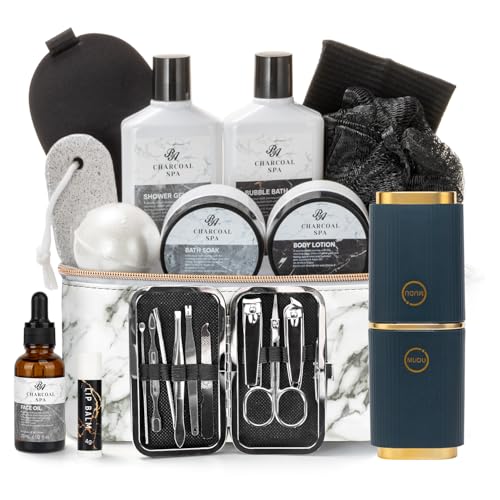 23pcs Bath and Body Gift Basket for Men and Women, Charcoal Luxury Home Spa Kit, Beard Care,...