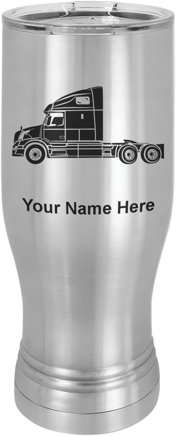 LaserGram 14oz Vacuum Insulated Pilsner Mug, Truck Cab, Personalized Engraving Included (Orange)