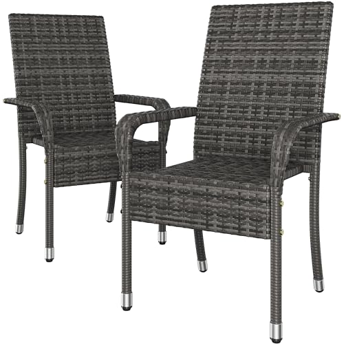 Yaheetech Set of 2 Rattan Stackable Outdoor Garden Chair Lightweight All-Weather w/Armrests for Patio Backyard Poolside 58 x 62.5 x 94.5 cm Grey