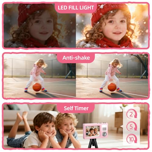 Image of Digital Camera for Kids & Beginners, 4K Digital Camera with 64GB SD Card 16X Zoom Anti-Shake, Compact Point and Shoot Camera with 2.8 inch Screen, Portable Small Camera for Students, Travel Velvet Pink