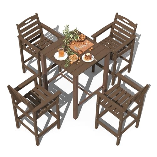 Domi HDPE Adirondack Patio Table and Chairs Set of 5 Outdoor HDPE Patio Bar Set All Weather Bar Chairs and Table Set for Patio Balcony Backyard Poolside Light Brown
