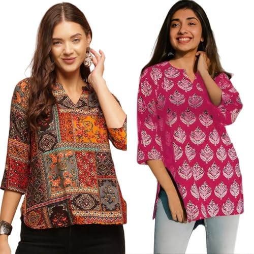 Image of Women's Cotton Printed Short Kurti, Round Neck, Three Quarter Sleeve, Straight Fit, Pack of 2