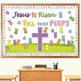 Easter Bulletin Board Decorations, 72Pcs Jesus Easter Peeps Decorations, Jesus is Risen Tell Your Peeps Eggs Bunny Grassland Cutouts, Christian Easter Decorations Sunday School Classroom Church Decor