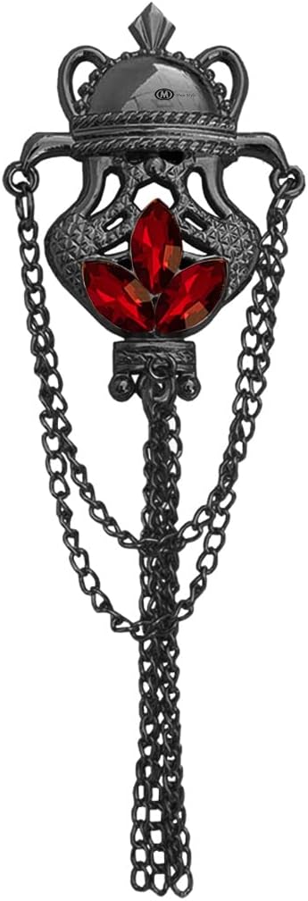 M Men Style King Crown Black Red Rhinstone Brass Label Pin With Hanging Double Chain Jewelry Brooch For Men And Boy