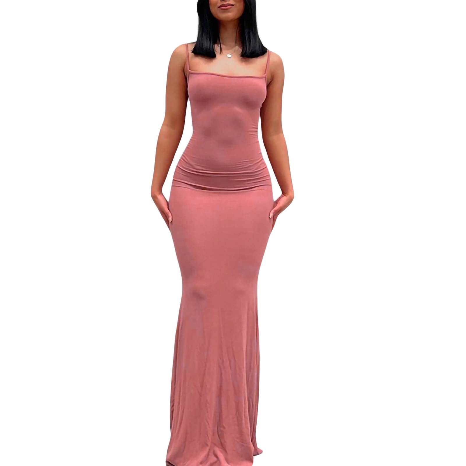 Damen Cami Bodycon Kleid Casual Basic Solid Kleid Spaghetti Strap Maxikleid TikTok Influencer Kleid