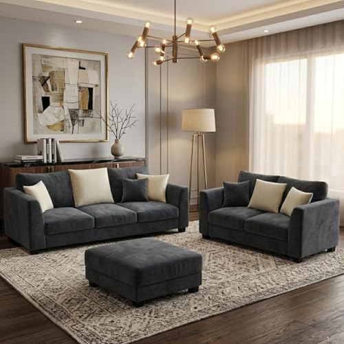 Image of SOCOZI Trevano 5 Seater Sofa Set with Ottoman (3 Seater + 2 Seater + Ottoman) | Soft Velvet Suede Fabric | Plush Comfort Cushions for Living Room (Cream-Dark Gray)