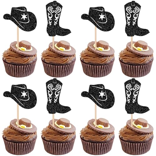 24 PCS Cowboy Cupcake Toppers Glitter Cowboy Hats Boots Cupcake Picks Cowboy Party Cupcake Decorations for Western Theme Baby Shower Boys Birthday Party Cake Decorations Supplies Black