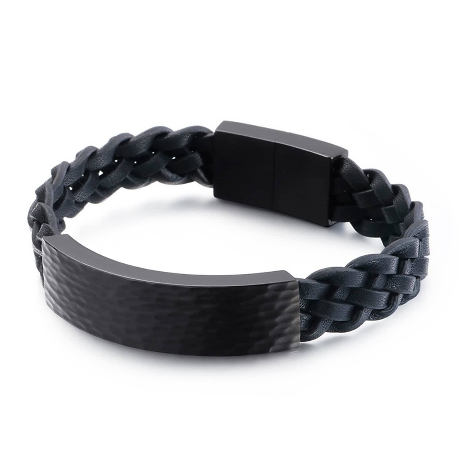 Pulsera unisex trenzada de acero inoxidable de cuero para hombre y mujer