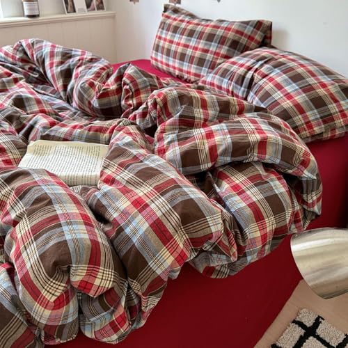 Image of VM VOUGEMARKET Red Buffalo Gingham Duvet Cover Set Queen,3 Pieces Washed Cotton Bedding Set,Breathable Luxury Plaid Duvet Cover with Zipper Closure for Girls (Red&Brown)