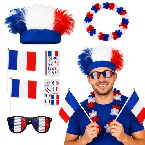 AHEZQILU 7 Pièces Kit Supporter France, Maillot De Foot France 2026, Perruque Bleu Blanc Rouge, Lunettes Tricolores, 2 Drapeaux À Main, 2 Autocollant, Couronne De Fleurs, 2026, Stade Fête Fans