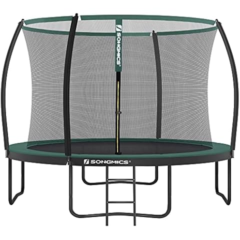 SONGMICS Trampolin Ø 305 cm, Gartentrampolin für Kinder mit Sicherheitsnetz, 180 cm hohe gebogene Stangen, Randabdeckung, Leiter, Stahlrahmen, TÜV Rheinland GS-Zertifikat, schwarz-dunkelgrün STR102C01 Cover