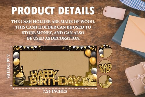 Wooden Birthday Money Holder, Happy Birthday Gifts For Friends Boys Girls, Black Gold Cash Holder Holiday Party Supplies -042