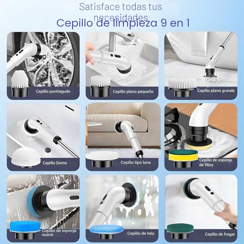 Miniatura 5 de Journeyside Cepillo De Limpieza Electrico,Limpiador Giratorio Eléctrico Con 9 Cabezales De Cepillo De Repuesto, Ipx7 Fregadora Giratoria Hogar,Electrico Baño Brush Con 3 Velocidades Para Baños,Cocinas