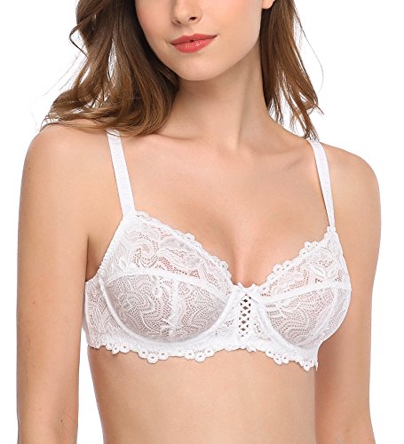 Deyllo Womenâ€™s Sheer Lace Bra Underwire Unlined Bra Full Coverage Non Paddedï¼ˆWhite,38DDD