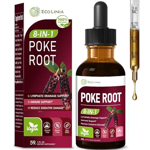 ECOLINIA Poke Root Lymphatic Drainage Drops. 8-in-1 Herbal Complex Lymphatic Cleanse Supplements w/Cleavers Echinacea & Horsetail Herb Extract Blend. Supports Lymph System & Immunity. Non-GMO. 2 oz