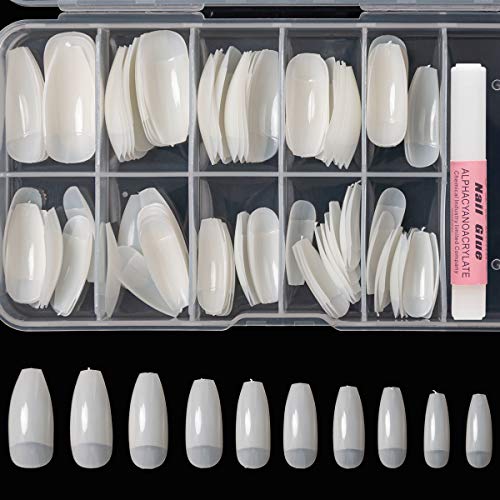 AORAEM Glue on Nails Kit Coffin Half Cover Shaped Nails Tips 100Pcs Natural Artificial Ballerina Fake Nails 1 Acrylic Nail Glue with Box for Women(N-100)