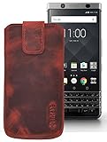 Suncase ECHT Ledertasche Leder Etui *Slim-Edition* für BlackBerry KEYone (mit Rückzugsfunktion & Magnetverschluss) antik-rot