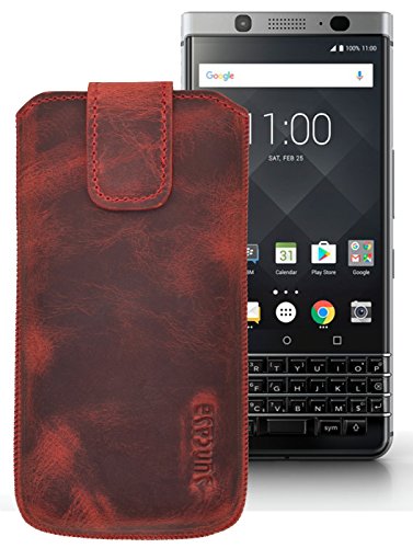 Suncase ECHT Ledertasche Leder Etui *Slim-Edition* für BlackBerry KEYone (mit Rückzugsfunktion & Magnetverschluss) antik-rot