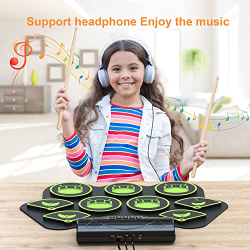 Konix Electronic Drum Set, 9 Pads Roll-Up Electric Drum Set, Practice Drum Pad Midi Drum Kit With Headphone Jack Built-In Speaker Digital Drum Pedals Drum Sticks, Holiday Birthday Gift For Kids Green #TOP1