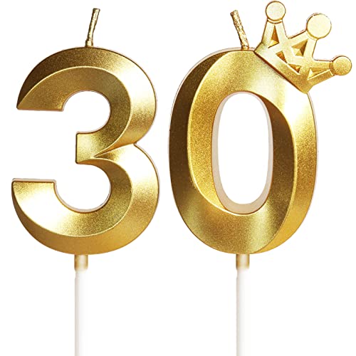 Vela de aniversário com coroa, número 30 - 2,36 polegadas, dourado, 2 unidades, velas de aniversário divertidas, velas de bolo de aniversário, velas douradas para aniversário, aniversário, festa