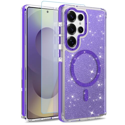 Image of Magnetic Case for Samsung Galaxy S25 Ultra [Compatible with Magsafe] [Bling Glitter Fluorescent Design] [1 Screen Protector] Slim Translucent Matte Case for Galaxy S25 Ultra 6.9 inch, Purple