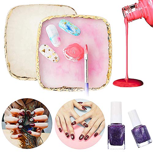 Harz Nail Art Palette, BKJJ 2 Stück Gel Polish Halter, Goldener Rand Nagelpaletten, Nachahmung Achat Muster Design, Farbmischung Pigment Platte, Mischpalette Nagelkunst Werkzeug Zubehör (WeiÃ/Pink) – Bild 5