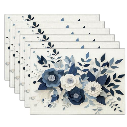 Salvamanteles Individuales Flores Abstractas Juego de 4 Lavables Manteles Individuales Flores Cortadas En Papel Antideslizante Mantel Mesa Rectangular Resistentes al Calor, 30x45cm, Azul Marino