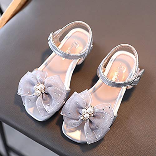 Children Sandals Soft-Soled Princess Shoes Slippers Pearl Children Non-Slip Bowkont Flat Girl's (Silver, 9-10Years)4