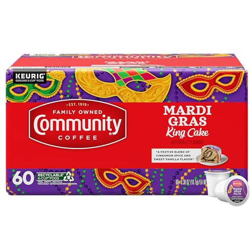 Image of Community Coffee Mardi Gras King Cake Flavored, 60 Single-Serve Keurig K-Cup Pods, Medium Roast, 60 Count (Pack of 1)