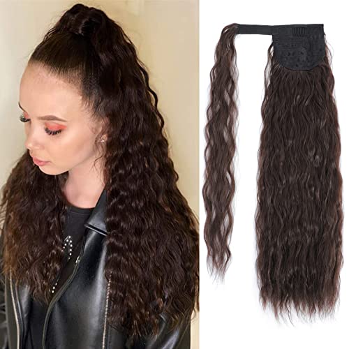 DMStarcky 24 Inch Curly Wave Ponytail Extensions Wrap Around Ponytail Long Wave Ponytail Extension Synthetic Heat Resistant Fiber Ponytail Natural Looking Ponytail Hairpieces for Black Women(4#)
