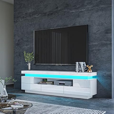 TV Unit 150cm White with 5 Drawers & Flip Cover Open Case TV Storage Entertainment Unit LED Light for Living Room Furniture Cover